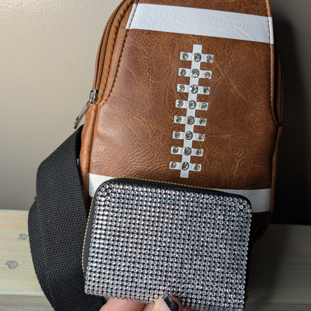 Football Crossbody/Sling Back Bag & Rhinestone Embellished Card Wallet